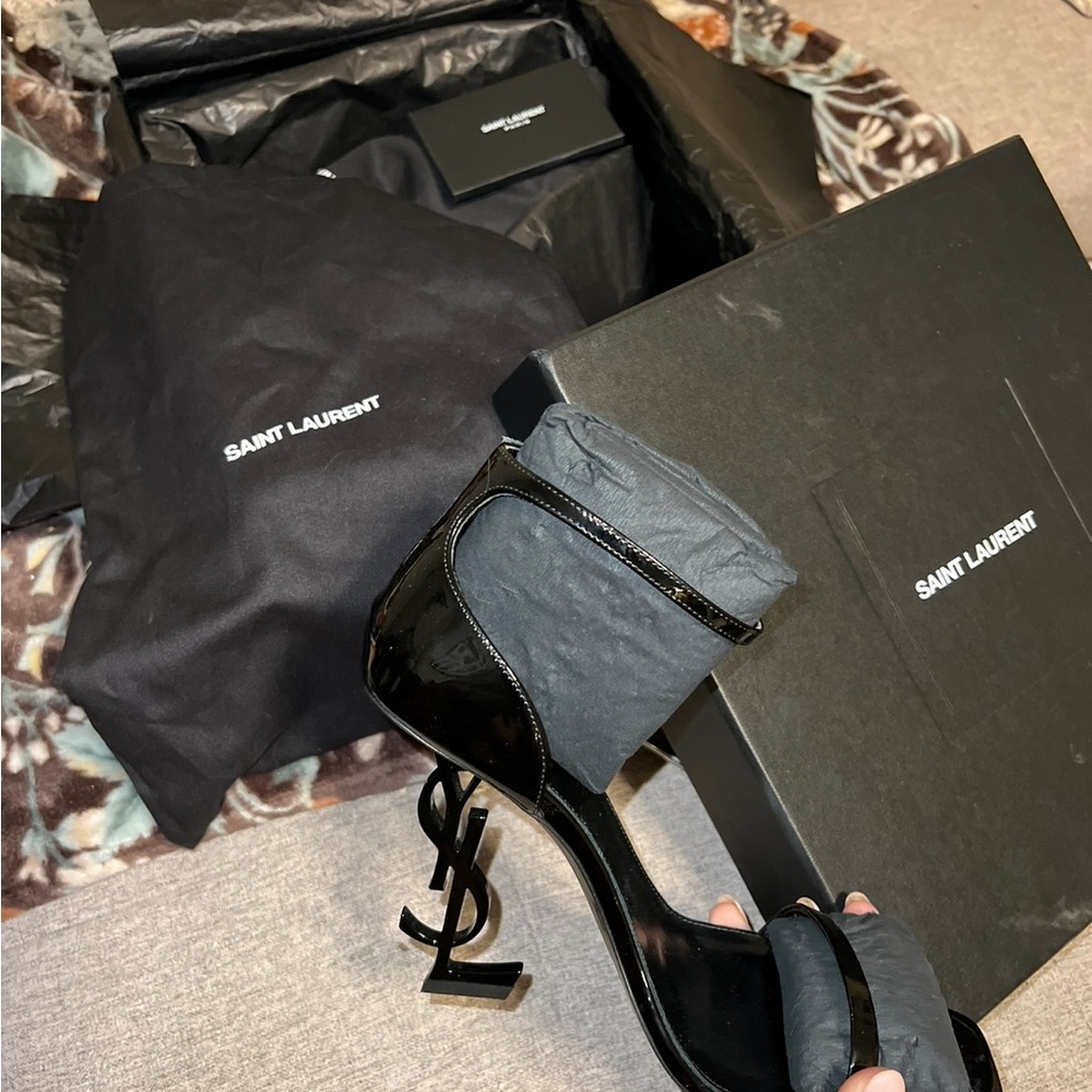 Saint Laurent Glossy Black Sandals with Iconic Logo